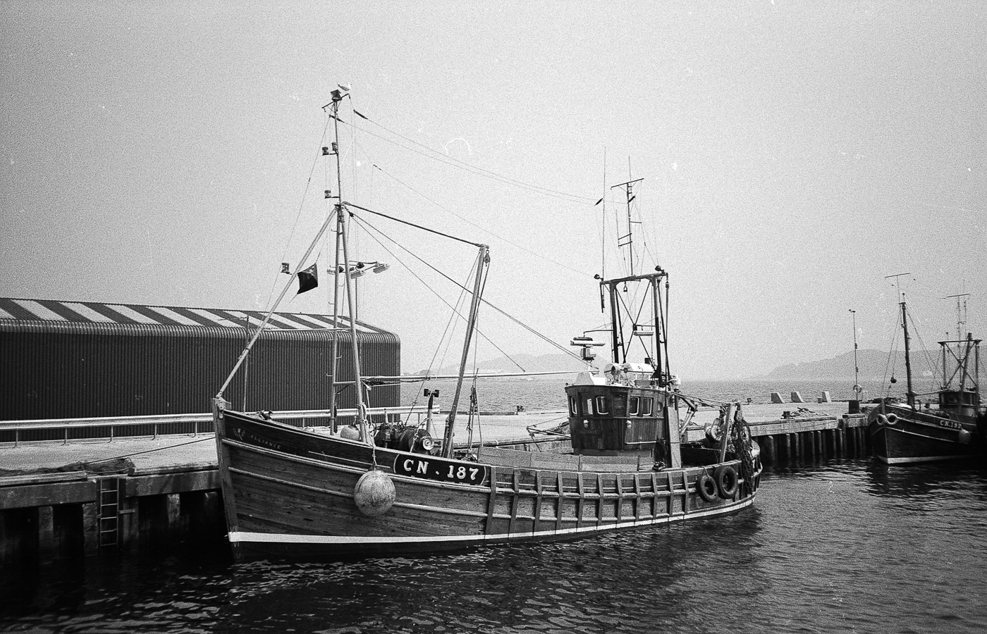 'Alliance', CN187, in harbour, Campbeltown, 1983. Although she was a dual purpose ringnetter and trawler, here she is rigged for pelagic pair trawling.