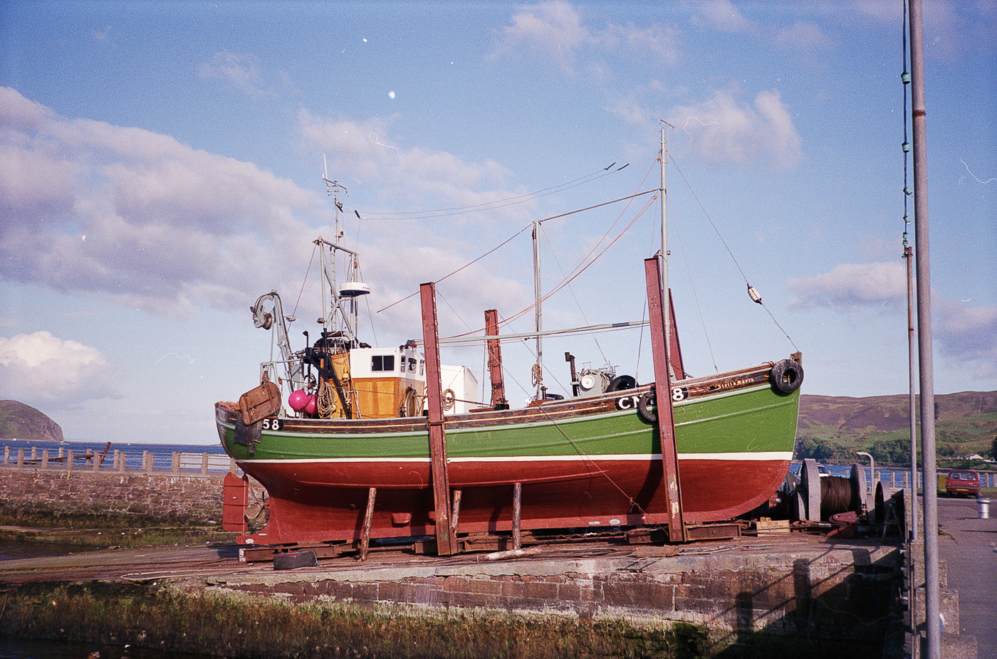 Dual purpose ringnetter and trawler, 'Stella Maris', CN158, Campbeltown, May 1989. She was built in Port Seton in 1959 and, prior to this photograph, had been name d and registered 'Watchful' and 'Majestic', SY137. In 1984, she was bought by Skipper Denis Meenan of Campbeltown. in 1985, he presented the ringnet winch from this boat to the Scottish Fisheries Museum.
