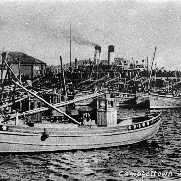 Postcard entitled 'Campbeltown Harbour' showing ringnetters in the harbour. Vessels pictured include 'Noss Head', CN144 of Carradale and 'Mystical Rose', CN245 of Campbeltown.